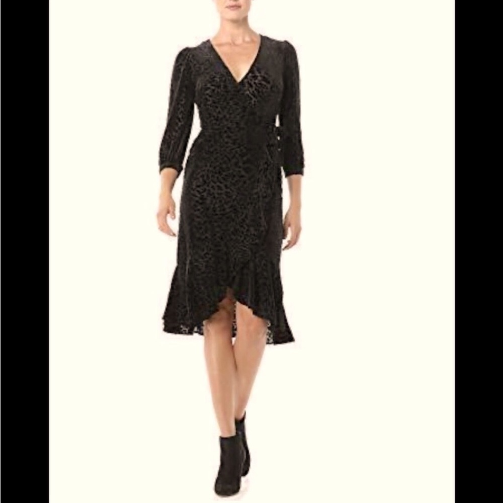 NWT CALVIN KLEIN - Black Velvet Leopard print Faux Wrap Flounce Dress sz 2 - Picture 14 of 15